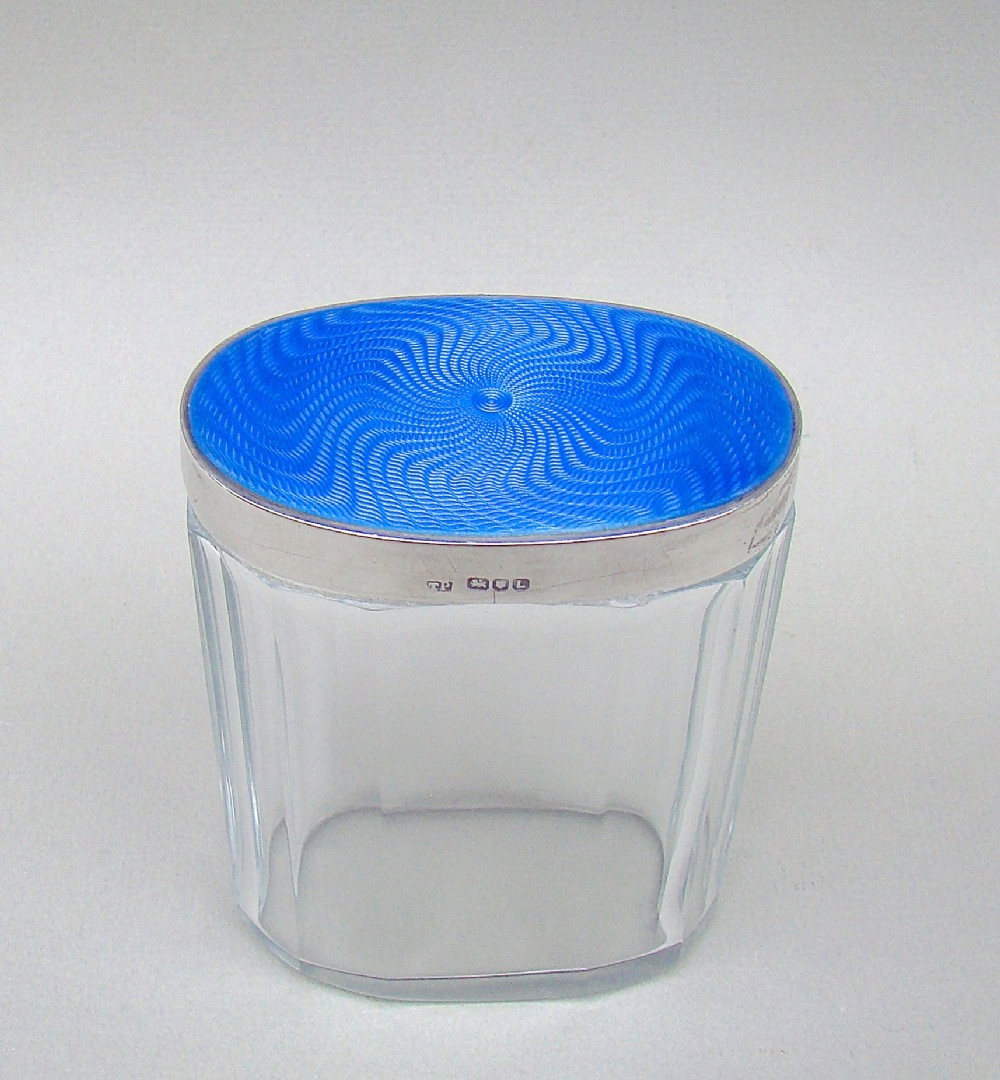 ART DECO SILVER AND GUILLOCHE ENAMEL DRESSING TABLE JAR BY THOMAS PERRY, LONDON 1946
