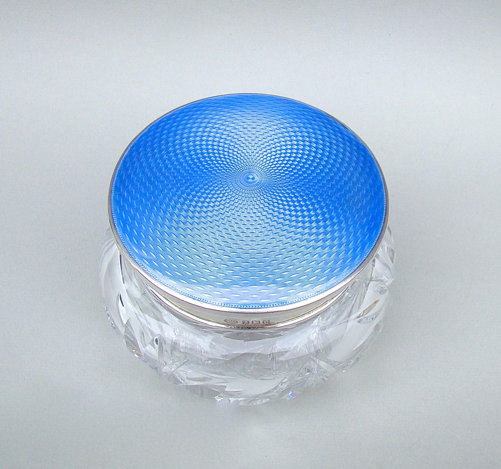  LARGE ART DECO SILVER & GUILLOCHE ENAMEL DRESSING TABLE JAR BY THE ADIE BROTHERS, BIRMINGHAM 1927