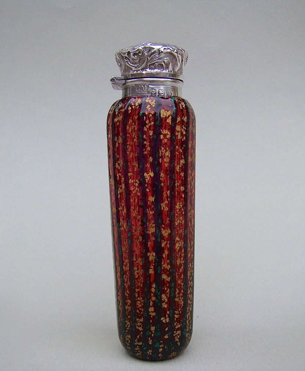 UNUSUAL SILVER AND SPECKLED GLASS SCENT BOTTLE BY CHARLES MAY, BIRMINGHAM 1911