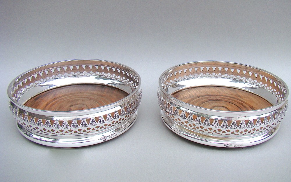 PAIR OF MID 20TH CENTURY SOLID SILVER WINE COASTERS BY A. CHICK & SONS LTD, LONDON 1968. 
