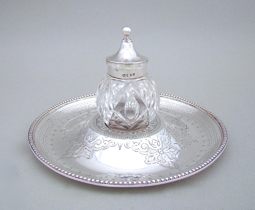 VICTORIAN STERLING SILVER INKWELL ON STAND BY HENRY LIAS, LONDON 1875