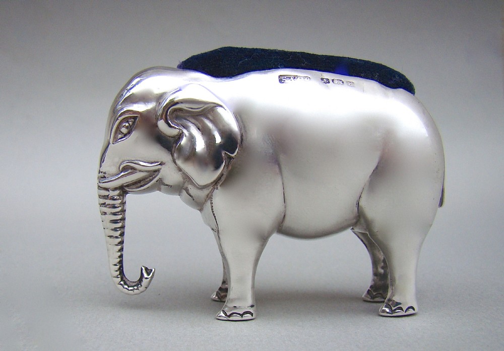 LARGE EDWARDIAN SILVER ELEPHANT PIN CUSHION BY SPURRIER & CO BIRMINGHAM 1906