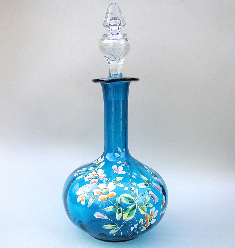 VICTORIAN ENAMELLED TURQUOISE GLASS LIQUEUR DECANTER, CIRCA 1890