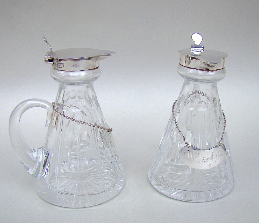FABULOUS PAIR OF ART DECO SILVER MOUNTED WHISKY TOTS BY MAPPIN & WEBB, BIRMINGHAM 1936
