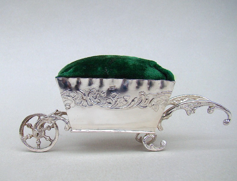 19TH C. DUTCH SILVER WHEELBARROW PIN CUSHION BEARING FRENCH SILVER IMPORT MARKS, CIRCA 1890