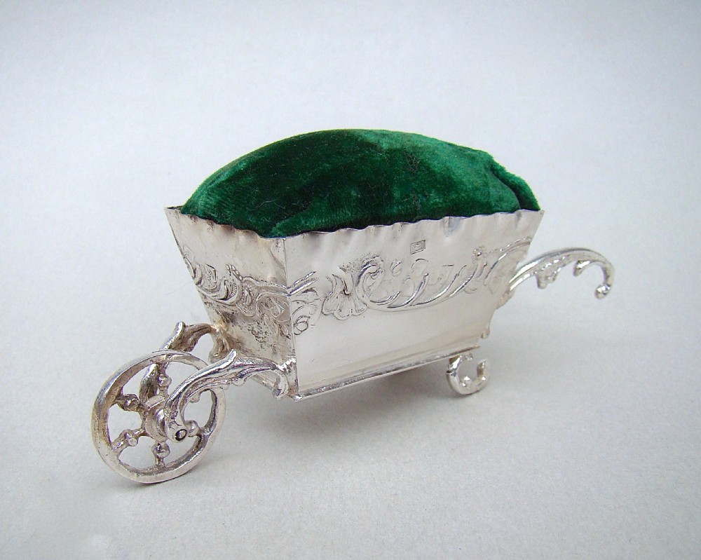 19TH C. DUTCH SILVER WHEELBARROW PIN CUSHION BEARING FRENCH SILVER IMPORT MARKS, CIRCA 1890 View II