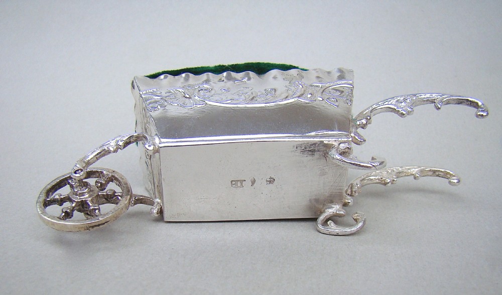19TH C. DUTCH SILVER WHEELBARROW PIN CUSHION BEARING FRENCH SILVER IMPORT MARKS, CIRCA 1890 View III