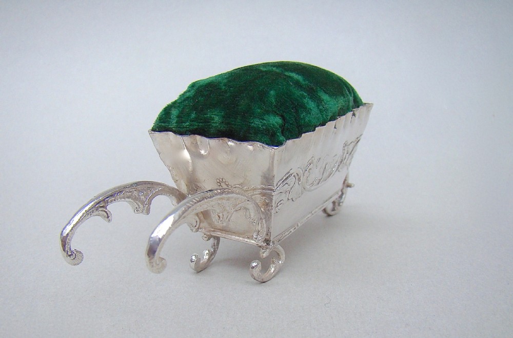 19TH C. DUTCH SILVER WHEELBARROW PIN CUSHION BEARING FRENCH SILVER IMPORT MARKS, CIRCA 1890 View IV