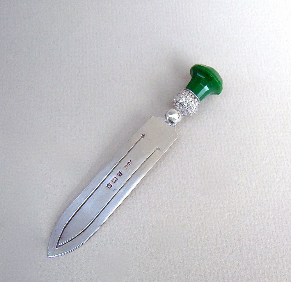 NOVELTY SILVER GREEN GLASS THISTLE BOOKMARK BY ADIE & LOVEKIN, BIRMINGHAM 1917
