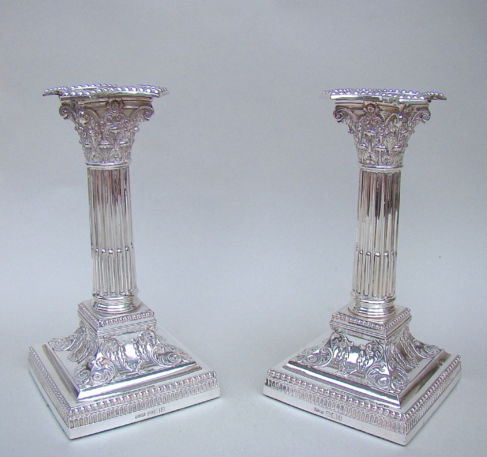 FABULOUS PAIR OF EDWARDIAN STERLING SILVER CORINTHIAN COLUMN CANDLESTICKS BY JAMES DIXON & SONS, SHEFFIELD 1901