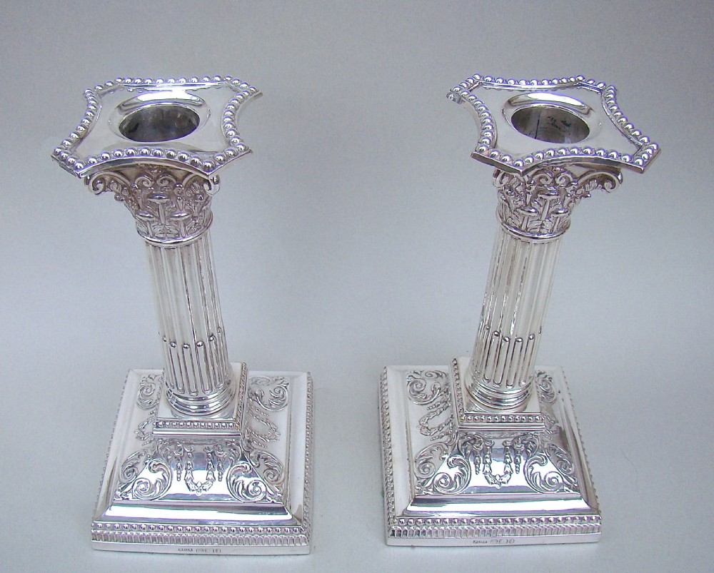 FABULOUS PAIR OF EDWARDIAN STERLING SILVER CORINTHIAN COLUMN CANDLESTICKS BY JAMES DIXON & SONS, SHEFFIELD 1901 View III