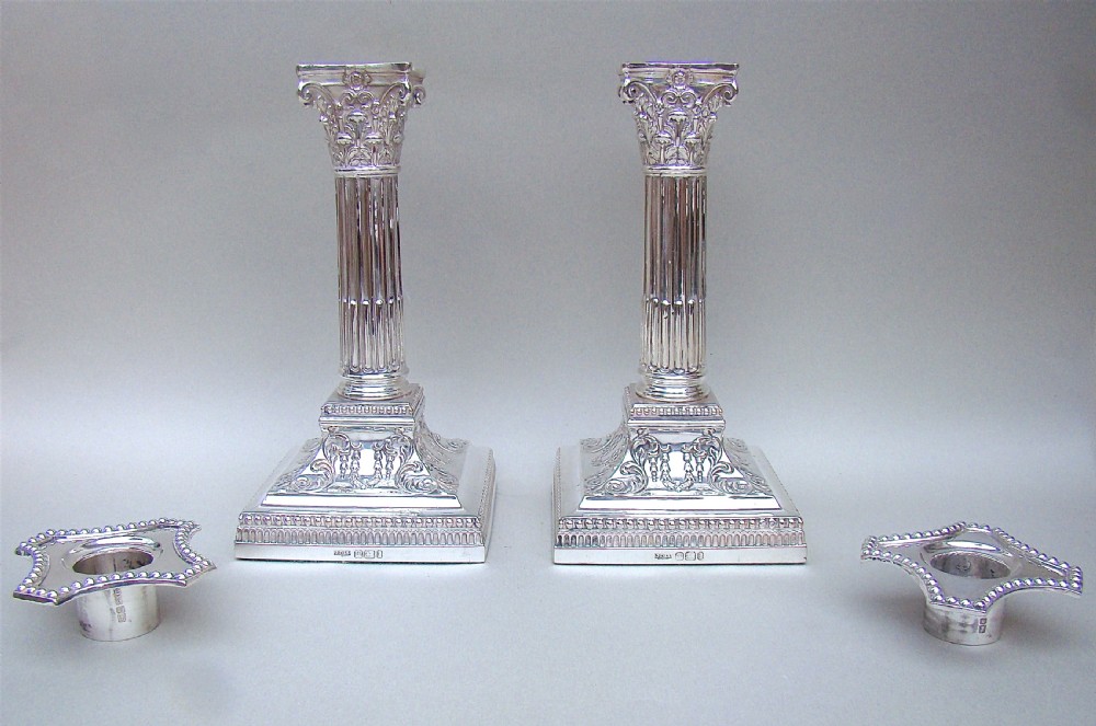 FABULOUS PAIR OF EDWARDIAN STERLING SILVER CORINTHIAN COLUMN CANDLESTICKS BY JAMES DIXON & SONS, SHEFFIELD 1901 View V