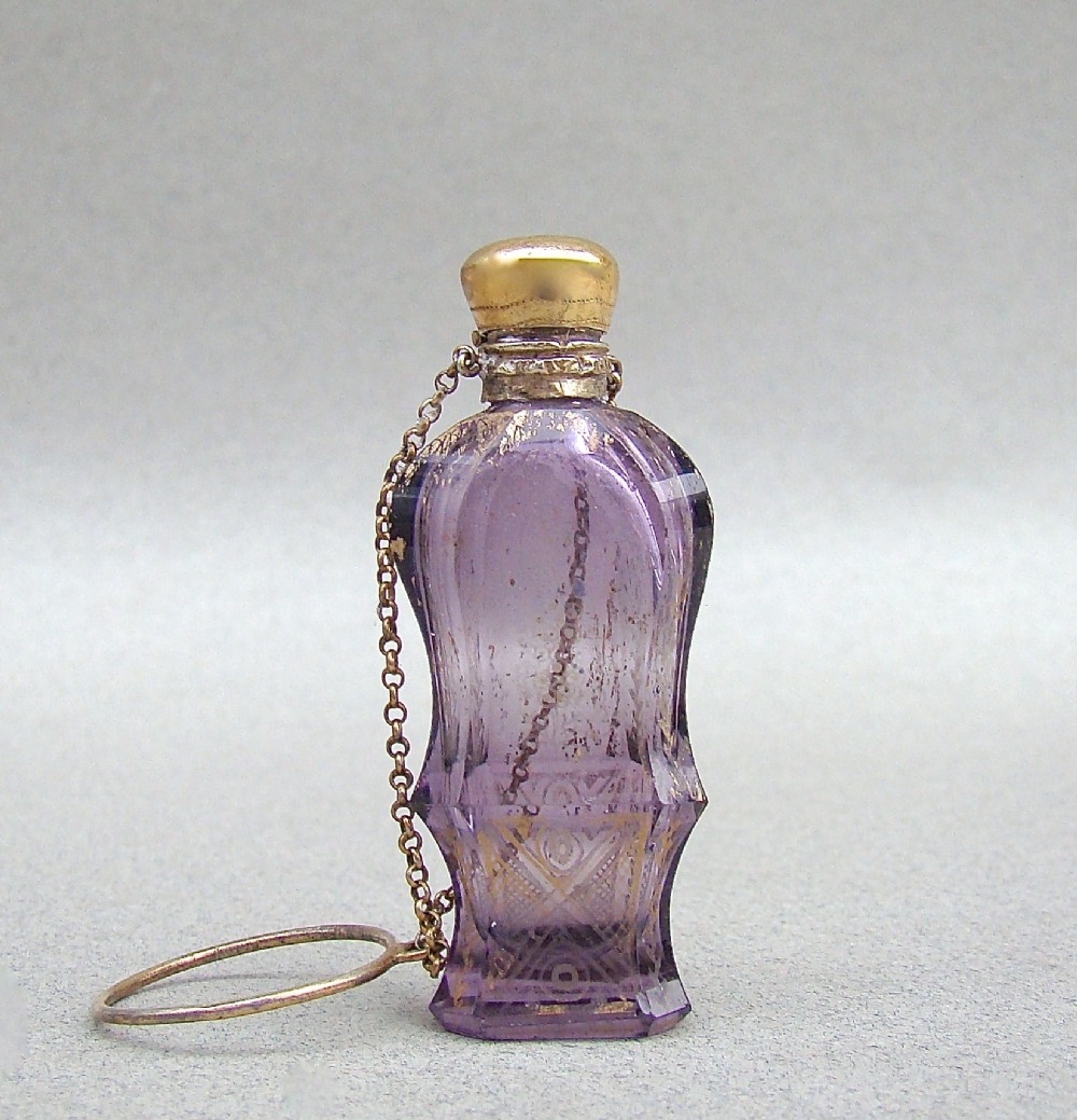 MINIATURE 19TH C. FRENCH SILVER GILT & AMETHYST GLASS CHATELAINE SCENT BOTTLE, CIRCA 1870