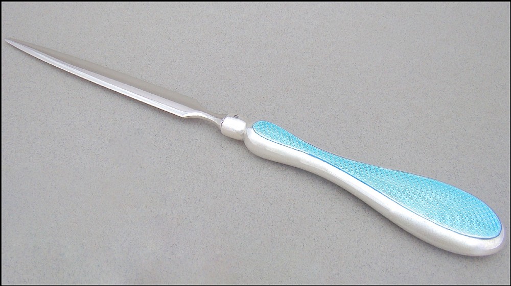 ART DECO SILVER AND GUILLOCHE ENAMEL LETTER OPENER BY MAPPIN & WEBB, LONDON 1828