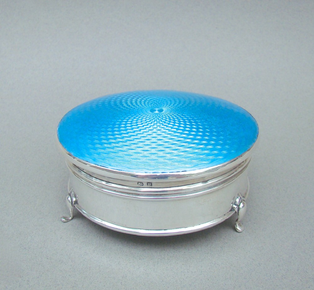 FABULOUS ART DECO SILVER AND GUILLOCHE ENAMEL JEWELLERY BOX BY ELKINGTON & CO, BIRMINGHAM 1932