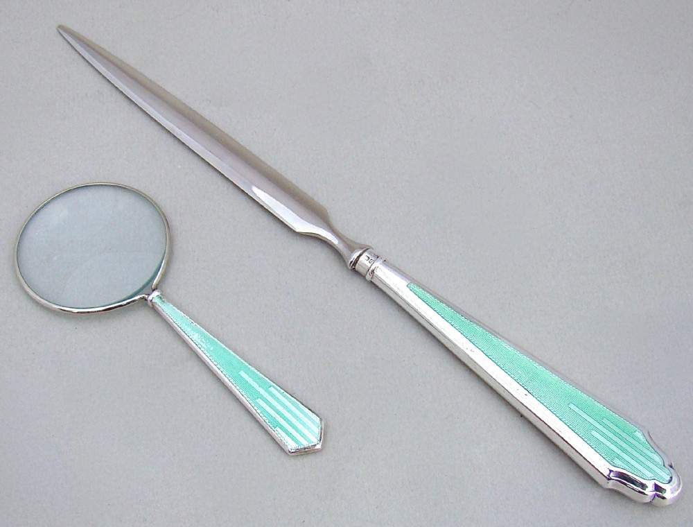 SILVER & GUILLOCHE ENAMEL SMALL DESK MAGNIFYING GLASS & LETTER OPENER BY HASSET & HARPER LTD, BIRMINGHAM 1934