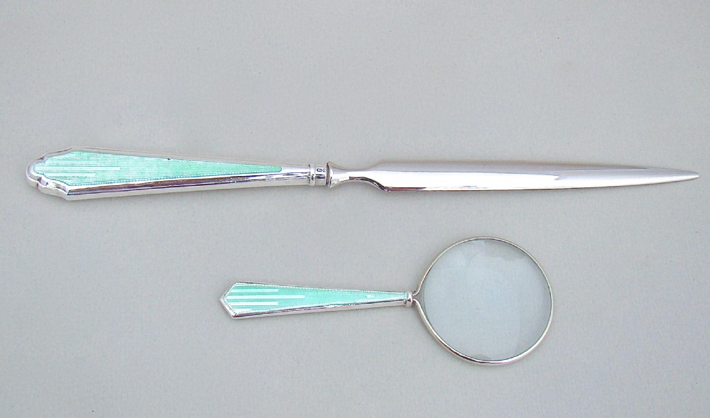 SILVER & GUILLOCHE ENAMEL SMALL DESK MAGNIFYING GLASS & LETTER OPENER BY HASSET & HARPER LTD, BIRMINGHAM 1934 View II
