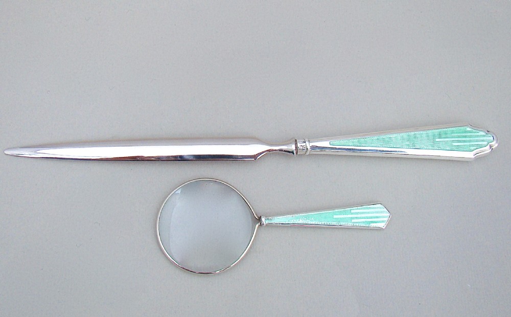SILVER & GUILLOCHE ENAMEL SMALL DESK MAGNIFYING GLASS & LETTER OPENER BY HASSET & HARPER LTD, BIRMINGHAM 1934 View III
