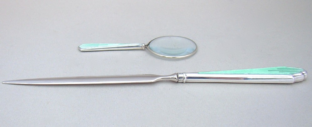 SILVER & GUILLOCHE ENAMEL SMALL DESK MAGNIFYING GLASS & LETTER OPENER BY HASSET & HARPER LTD, BIRMINGHAM 1934 View IV