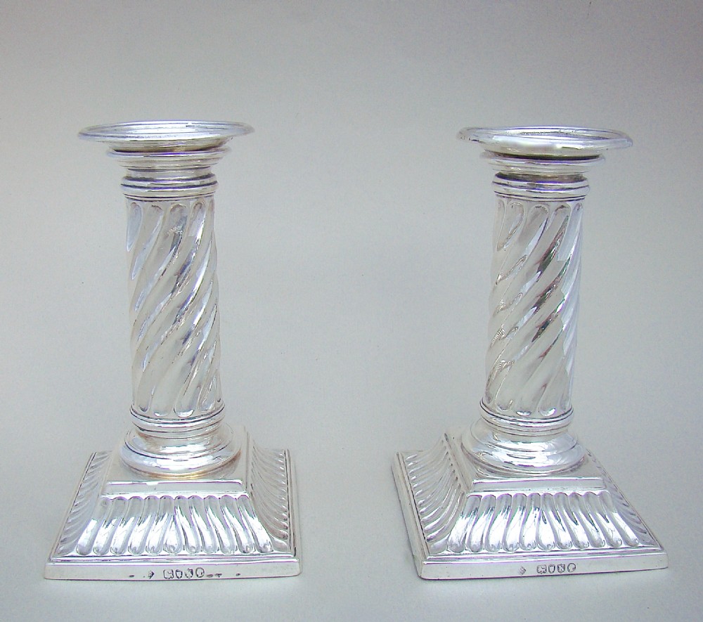 PAIR OF VICTORIAN STERLING SILVER CANDLESTICKS BY MARTIN HALL & CO, LONDON 1885
