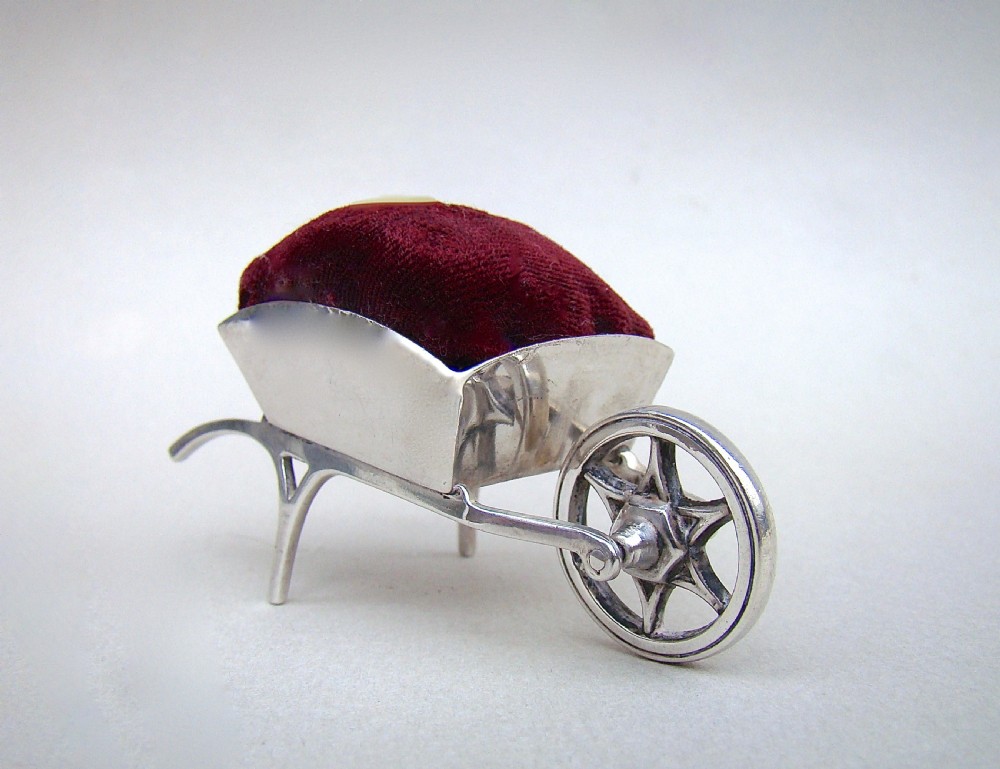 RARE EDWARDIAN SILVER WHEELBARROW PIN CUSHION BY ADIE & LOVEKIN, BIRMINGHAM 1908
 View IV