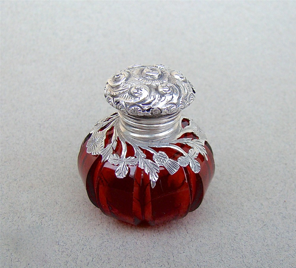 RARE VICTORIAN SILVER MOUNTED CRANBERRY GLASS VINAIGRETTE, CIRCA 1890