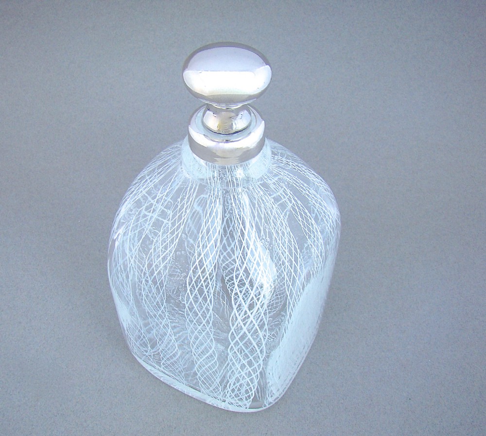 STUNNING EDWARDIAN SILVER MOUNTED LATTICINO GLASS DECANTER, BIRMINGHAM 1902