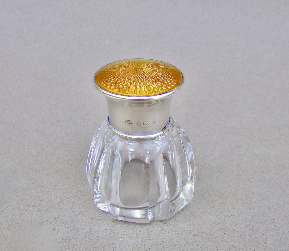 ART DECO SILVER & GUILLOCHE ENAMEL SCENT BOTTLE BY THE ADIE BROTHERS, BIRMINGHAM 1925