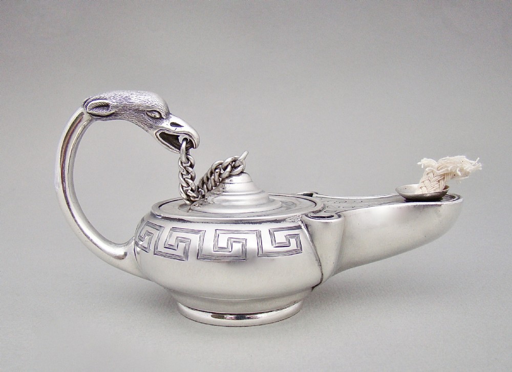 RARE VICTORIAN SILVER NOVELTY TABLE CIGAR LIGHTER MODELLED AS ALADDIN'S LAMP BY JOHN WILMIN FIGG, LONDON 1849