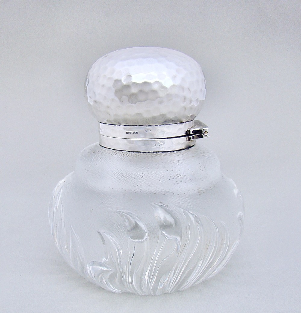 GUSTAVE KELLER ARTS & CRAFT SILVER & FROSTED GLASS INKWELL, PARIS CIRCA 1900