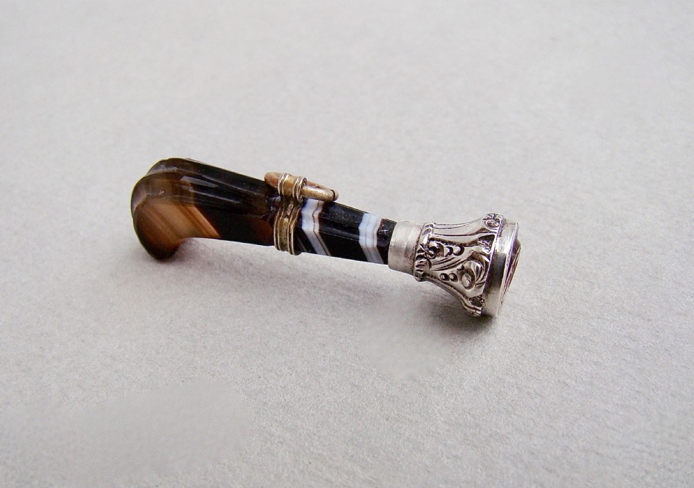 SMALL VICTORIAN SILVER MOUNTED TIGER'S EYE WATCH FOB SEAL , CIRCA 1880 View IV