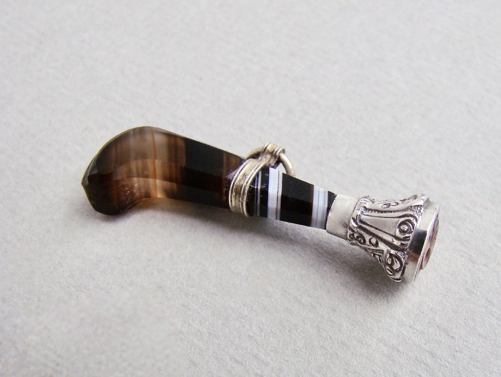 SMALL VICTORIAN SILVER MOUNTED TIGER'S EYE WATCH FOB SEAL , CIRCA 1880