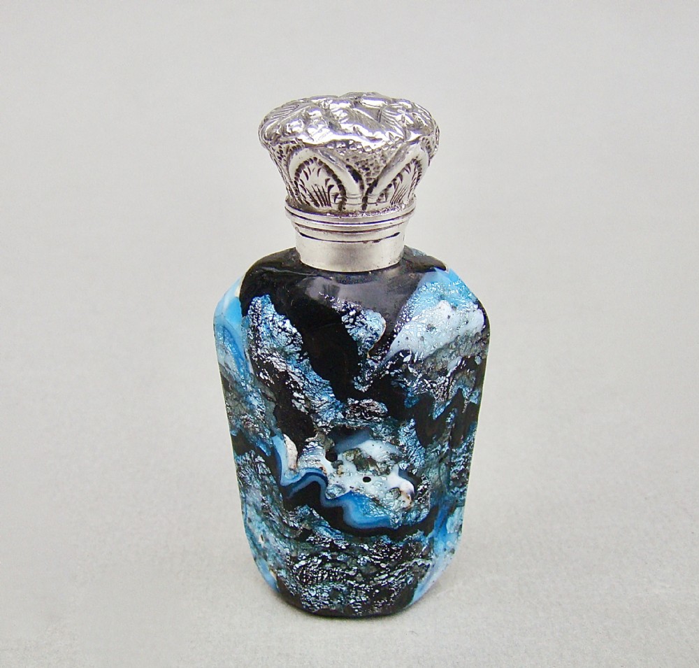 VICTORIAN CASED BLACK & SILVER  AVENTURINE GLASS SCENT BOTTLE, CIRCA 1890