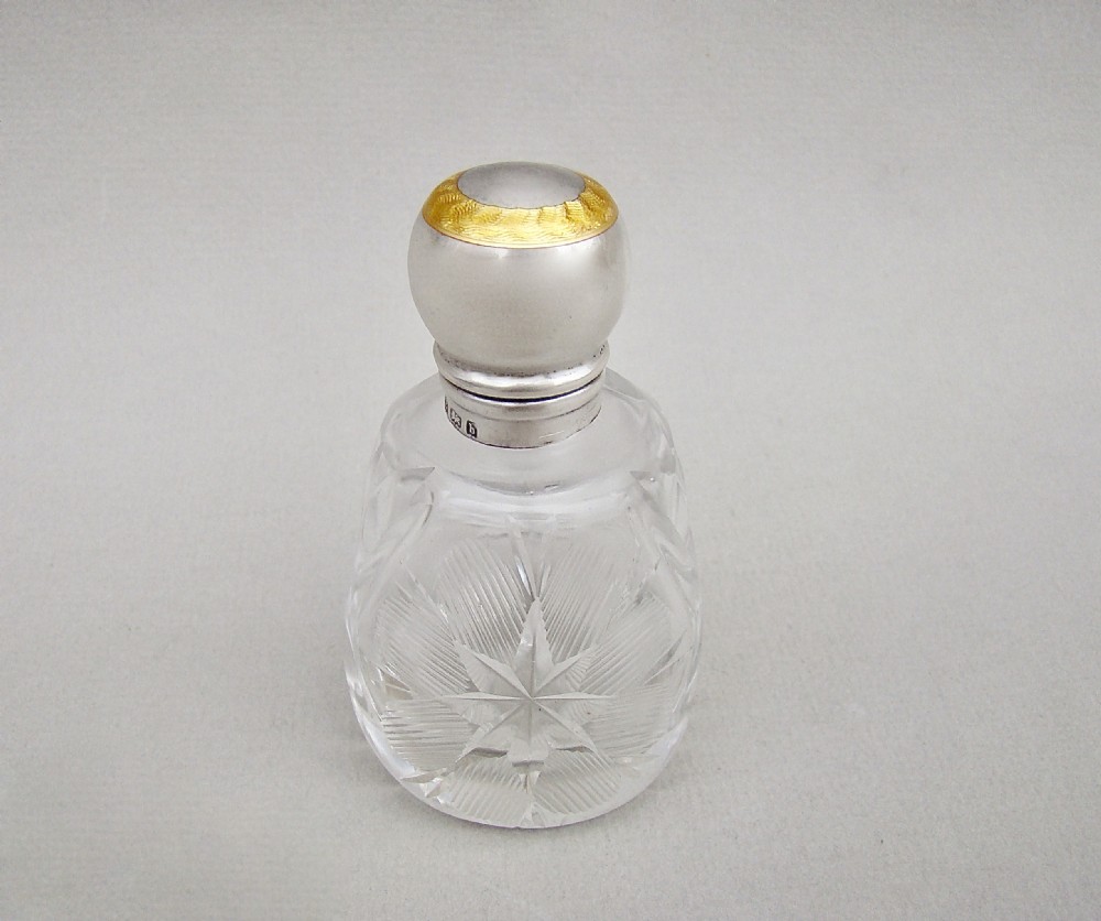 EDWARDIAN SILVER & GUILLOCHE ENAMEL CUT GLASS SCENT BOTTLE BY HENRY MATTHEWS, BIRMINGHAM 1901