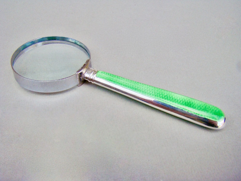 ART DECO SILVER & GUILLOCHE ENAMEL SMALL DESK MAGNIFYING GLASS BY JOSIAH WILLIAMS & CO, LONDON 1933 View II