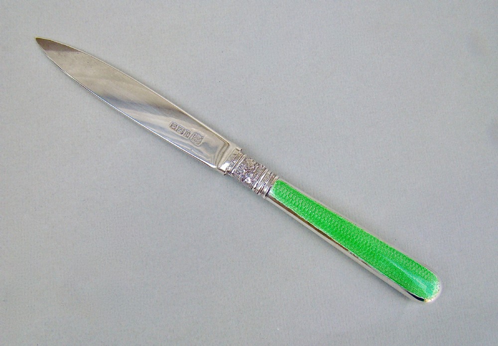 ART DECO SILVER AND GUILLOCHE ENAMEL LETTER OPENER BY FREDERICK ASMAN & CO, SHEFFIELD 1933