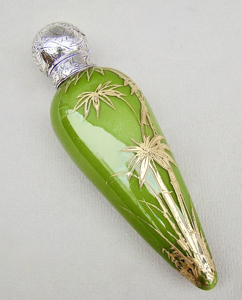 FABULOUS VICTORIAN AESTHETIC MOVEMENT SILVER AND OPALINE GILT GLASS SCENT BOTTLE BY HEWETT & CO, BIRMINGHAM 1884