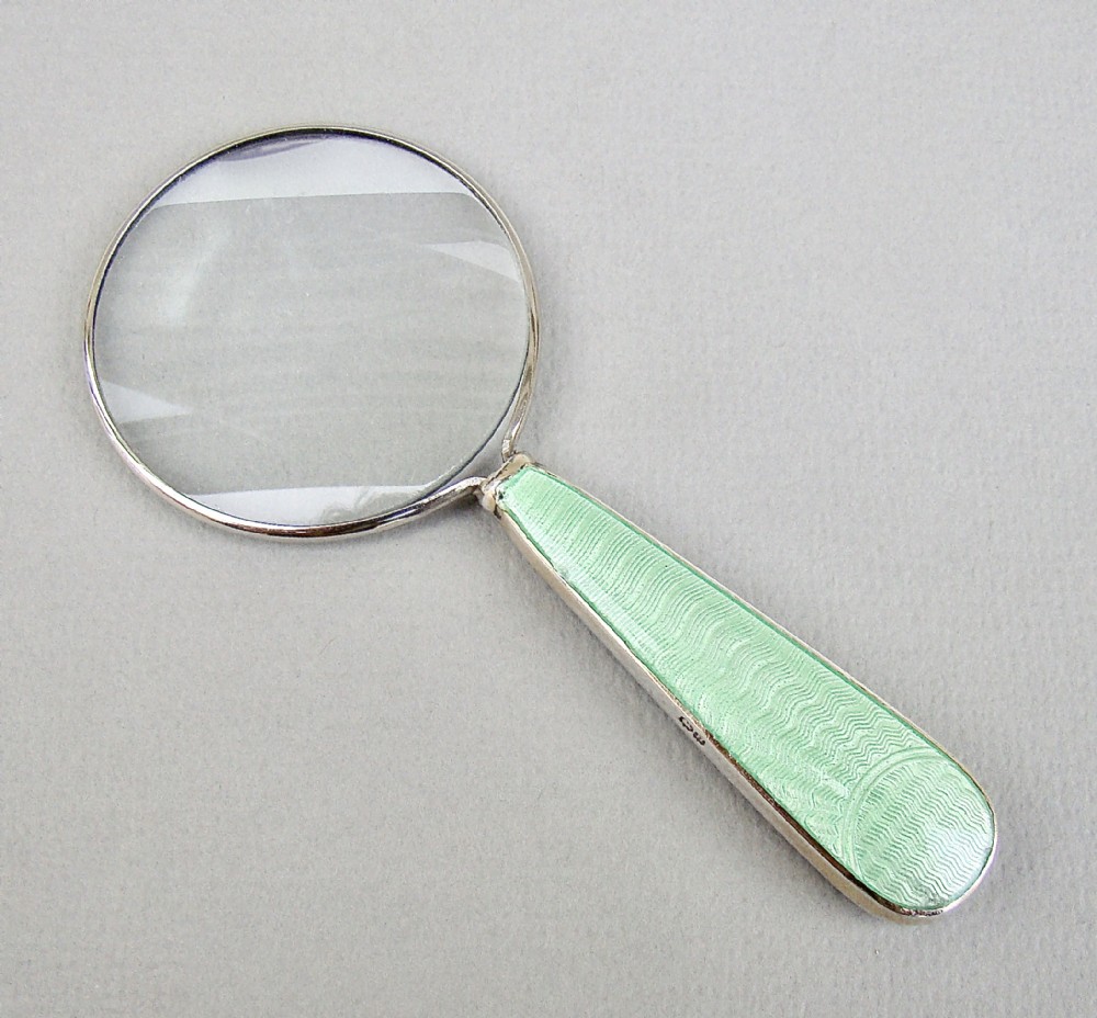 SMALL ART DECO SILVER & GUILLOCHE ENAMEL MAGNIFYING GLASS BY THE ADIE BROTHERS, BIRMINGHAM 1932

