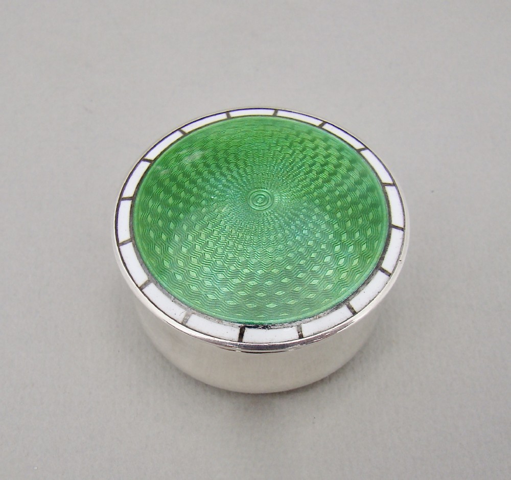 FABULOUS SILVER AND GUILLOCHE ENAMEL PILL BOX BY LEVI & SALAMAN, BIRMINGHAM 1910
