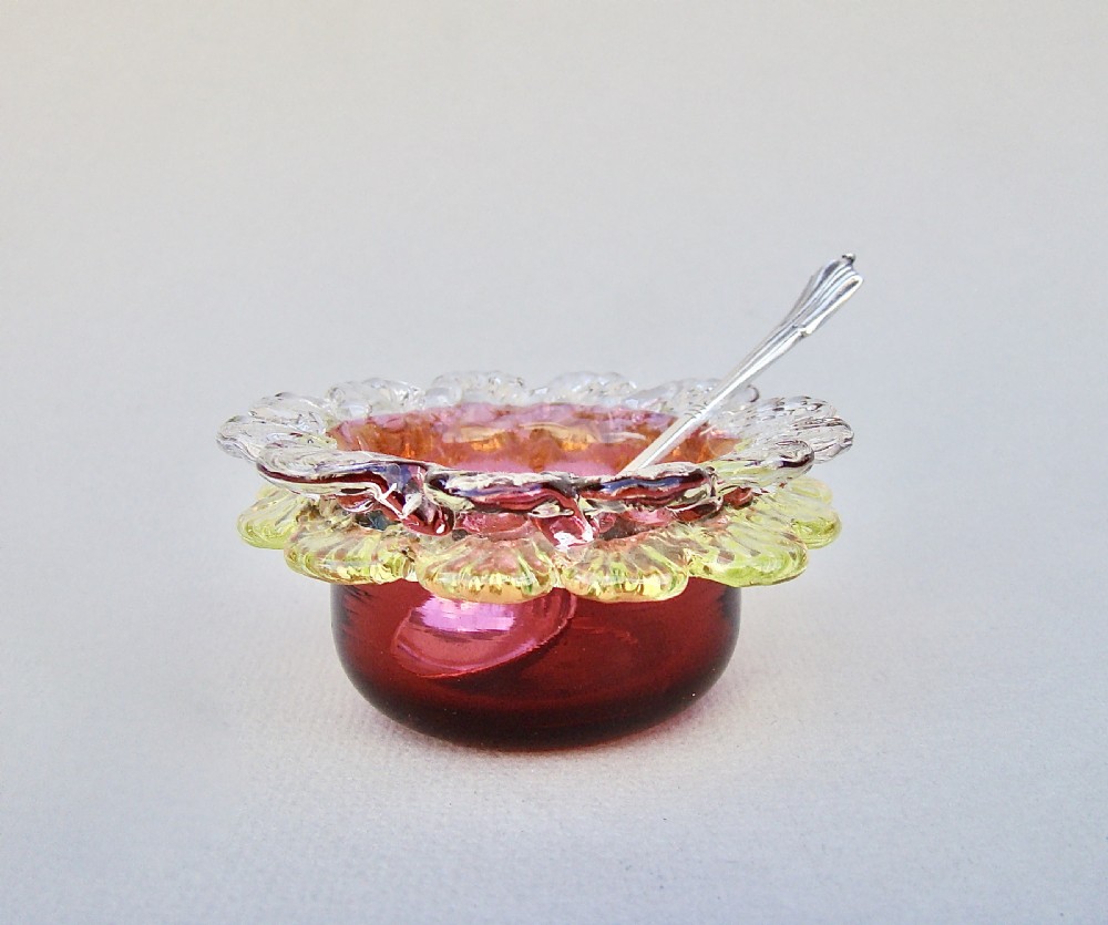 VICTORIAN CRANBERRY AND URANIUM GLASS SALT WITH VICTORIAN SILVER SALT SPOON, CHESTER 1896 View IV