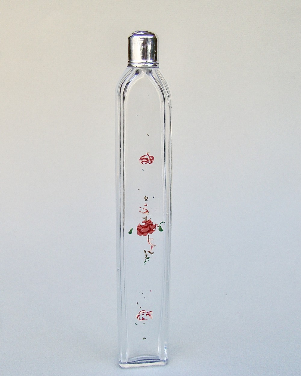 UNUSUAL GEORGIAN SILVER AND ENAMELLED GLASS SCENT BOTTLE, CIRCA 1780