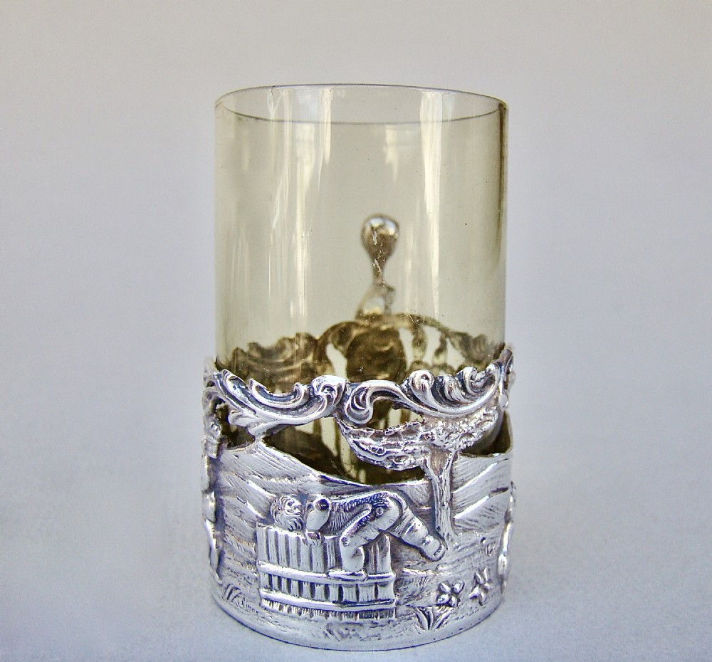 DELIGHTFUL SET OF FOUR VICTORIAN SILVER & AMBER GLASS TEA HOLDERS BY WILLIAM COMYNS, LONDON 1889 View IV