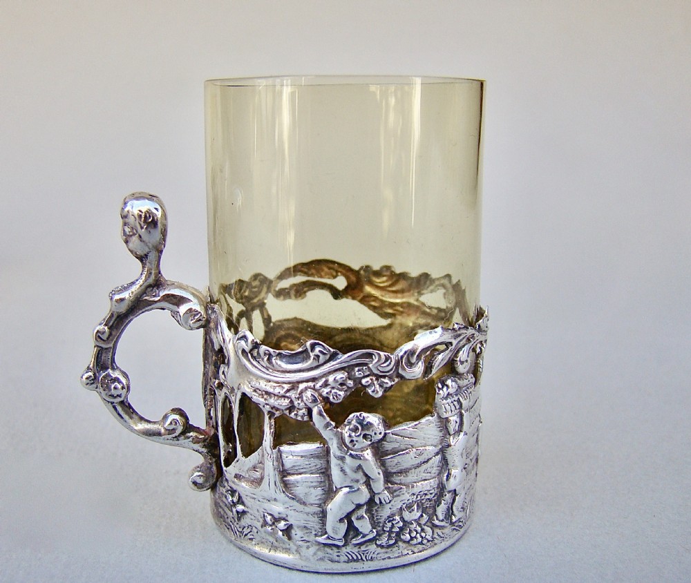 DELIGHTFUL SET OF FOUR VICTORIAN SILVER & AMBER GLASS TEA HOLDERS BY WILLIAM COMYNS, LONDON 1889 View V