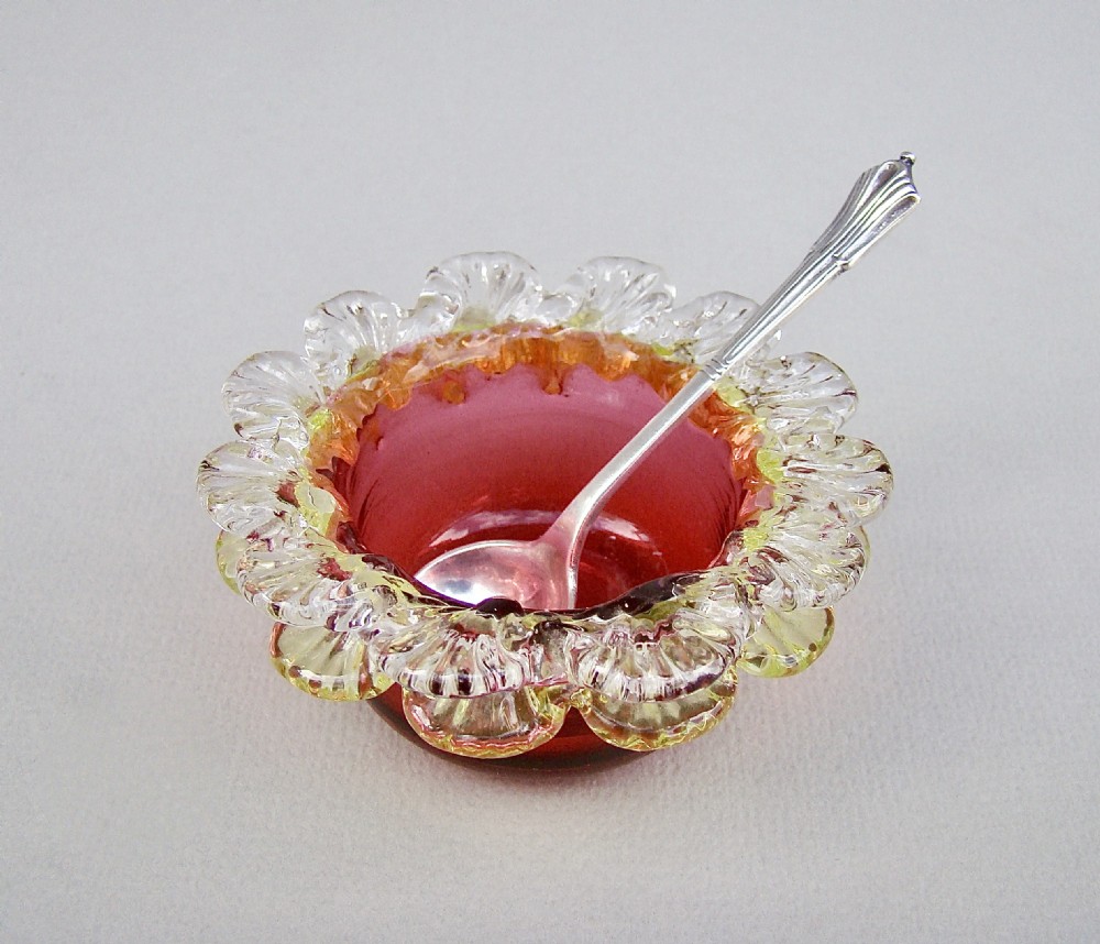 VICTORIAN CRANBERRY AND URANIUM GLASS SALT WITH VICTORIAN SILVER SALT SPOON, CHESTER 1896