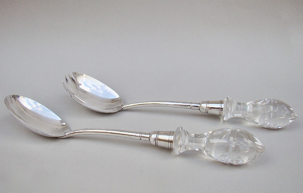 GOOD PAIR OF VICTORIAN SOLID SILVER & CUT GLASS SALAD SERVERS BY THOMAS PRIME & SON, BIRMINGHAM 1890 View III