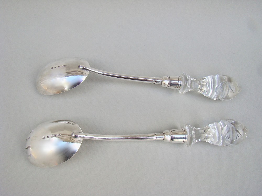 GOOD PAIR OF VICTORIAN SOLID SILVER & CUT GLASS SALAD SERVERS BY THOMAS PRIME & SON, BIRMINGHAM 1890 View II