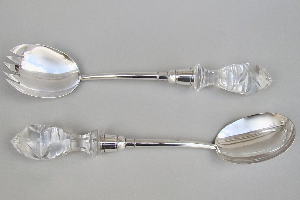 GOOD PAIR OF VICTORIAN SOLID SILVER & CUT GLASS SALAD SERVERS BY THOMAS PRIME & SON, BIRMINGHAM 1890