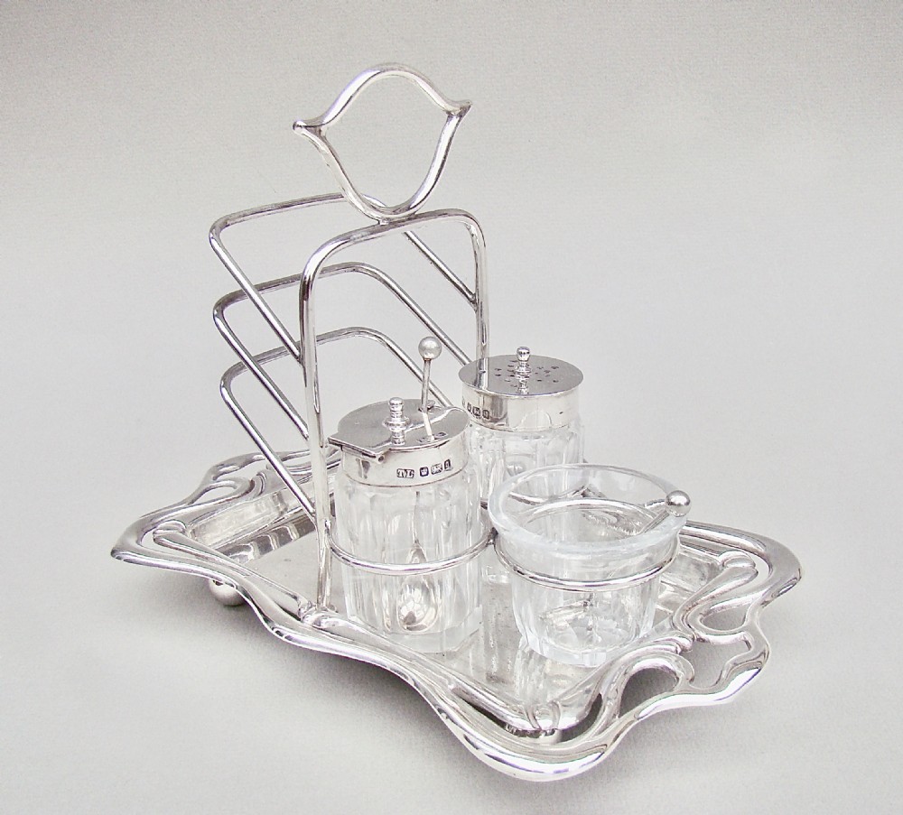 RARE ART NOUVEAU SILVER TOAST RACK SET BY THOMAS LEVESLEY, SHEFFIELD 1908