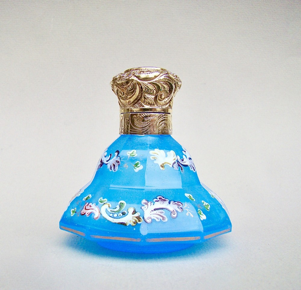EXQUISITE VICTORIAN SILVER GILT ENAMELLED OPALINE GLASS SCENT BOTTLE, CIRCA 1870