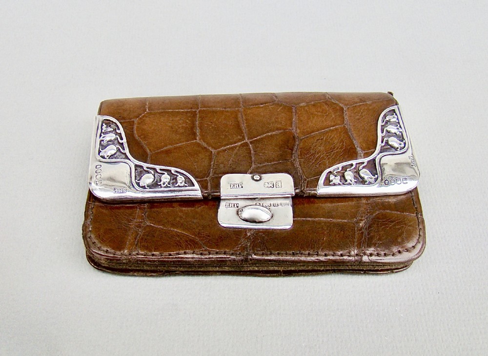 ART NOUVEAU SILVER & CROCODILE SKIN SMALL PURSE BY EUGENE POSEN, LONDON 1900
